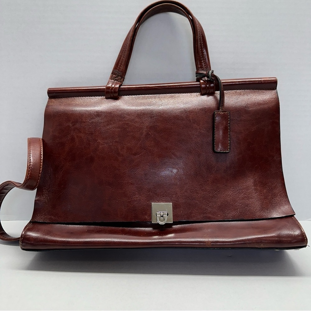 Rina Rich Leather Satchel Bag Briefcase Shoulder Tote Brown Burgundy Gancini